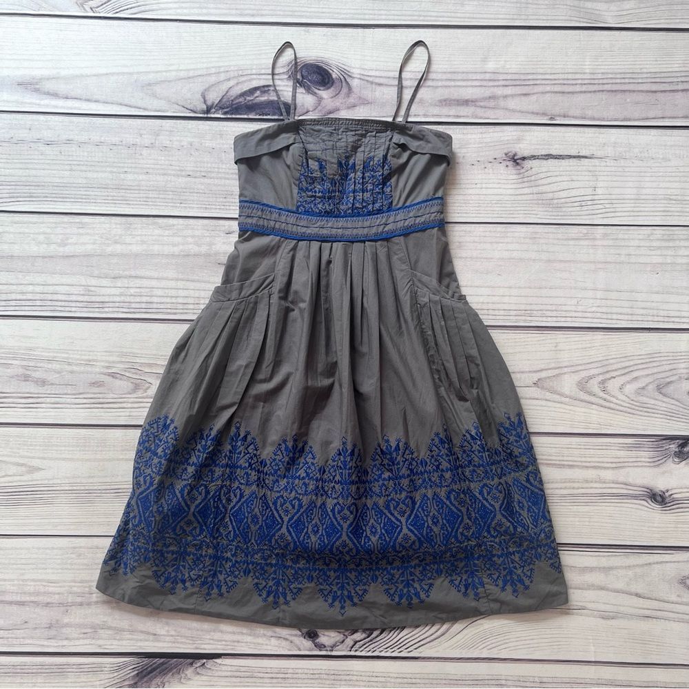 Anthropologie Floreat Sewing Circle Grey & Blue Embroidered Pleated Dress